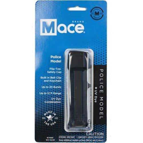 Mace Brand Police Model Pepper Spray With Flip Top Trigger Gaurd Front Package View.