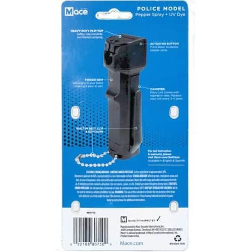 Mace Brand Police Model Pepper Spray With Flip Top Trigger Gaurd And Keychain Back Of Package View.