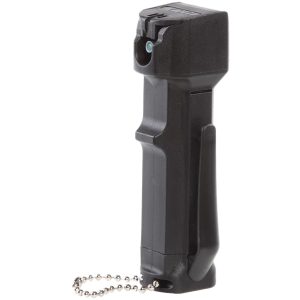 Mace Brand Police Model Pepper Spray With Belt Clip Front Side View.
