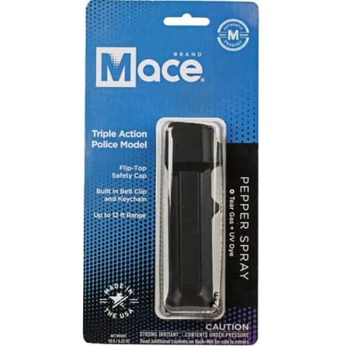 Mace Brand Triple Action Tear Gas Enhanced Pepper Spray With Flip Top Trigger Gaurd And Keychain Front Of Package View.