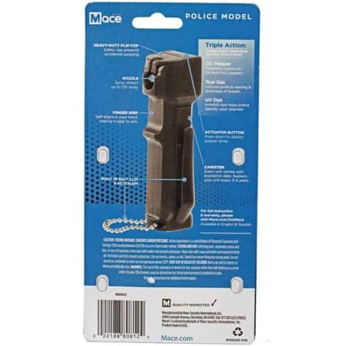Mace Brand Triple Action Police Tear Gas Enhanced Pepper Spray With Flip Top Trigger Gaurd And Keychain Back Of Package View.